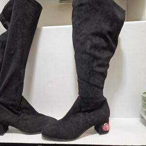 Lane Bryant Embroidered Heel Tall Boots Wide Shaft Black Faux Suede sz 11 W NWOB